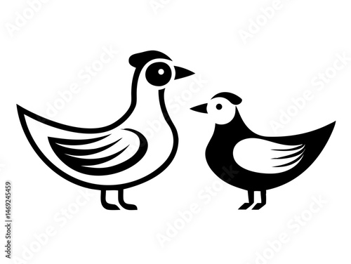 Minimalist black silhouette design of a hen and duck facing each other in simple style