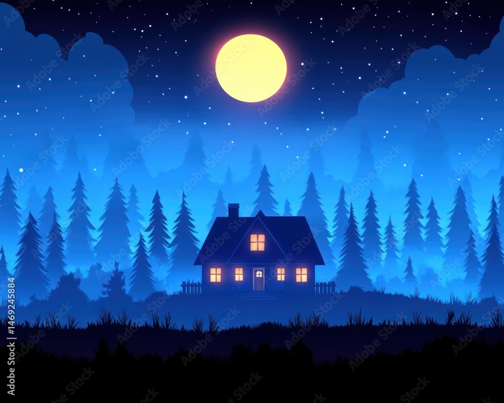 Fototapeta premium Nighttime forest scene with cozy cabin
