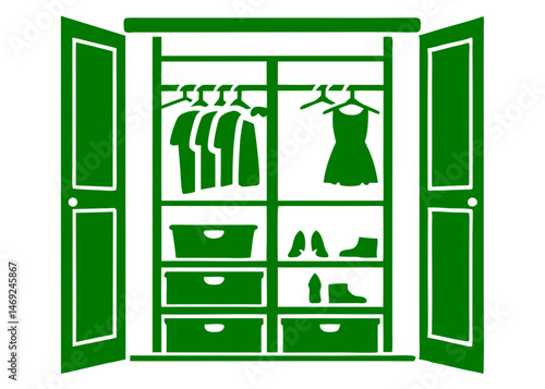 Open green closet silhouette vector illustrating clothing and storage on transparent background