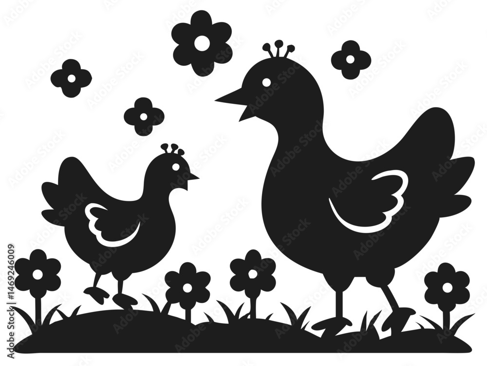 Fototapeta premium Silhouette design depicting a mother hen and duck side by side on a white background