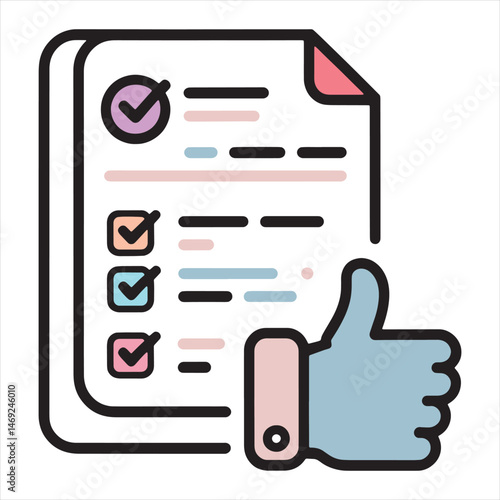  icon of a report with check marks and a thumbs-up vector