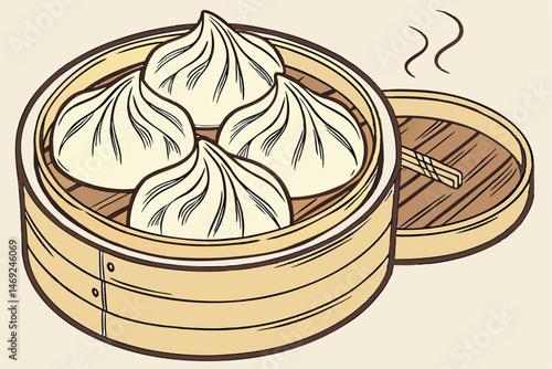 66 detailed graphite drawing of a large soup dumpling or xiao long bao in a bamboo steamer, highly realistic, intricate textures, dramatic lighting, chiaroscuro, realistic shading, photorealistic