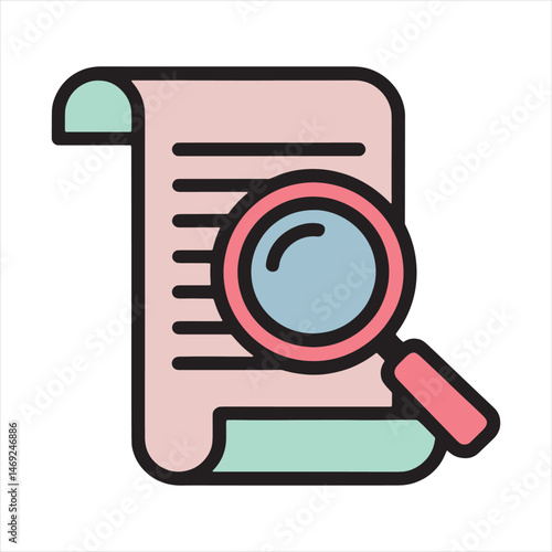  icon of a rolled-up document with a magnifying glass vector
