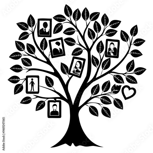 Minimalist black family tree graphic with heart on transparent background