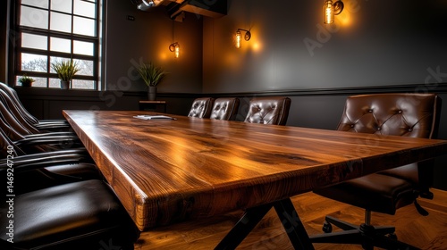 A cozy yet professional conference room with a wooden conference table, leather chairs, and ambient lighting for productive meetings.