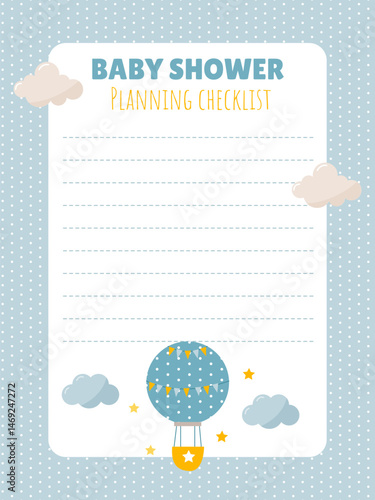 Baby shower list template with cute air hot balloon