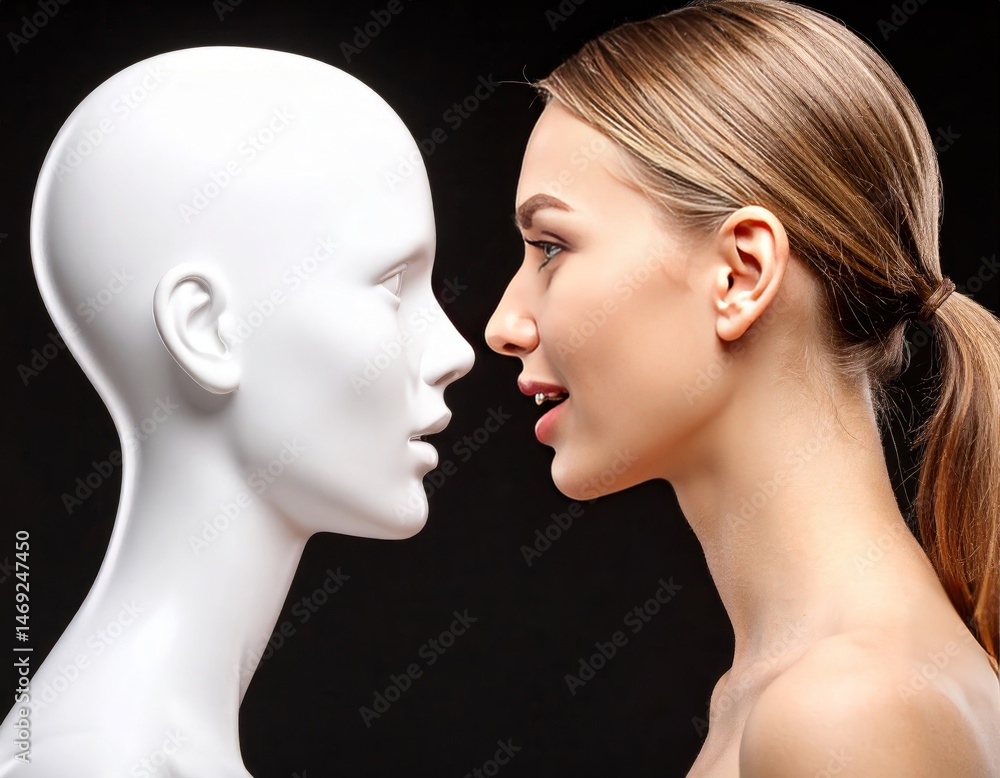 Mannequin talking to a woman over black background, artificial intelligence in modern world, human identity concept Mannequin talking to a woman over black background, artificial intelligence in modern world, human identity concept
