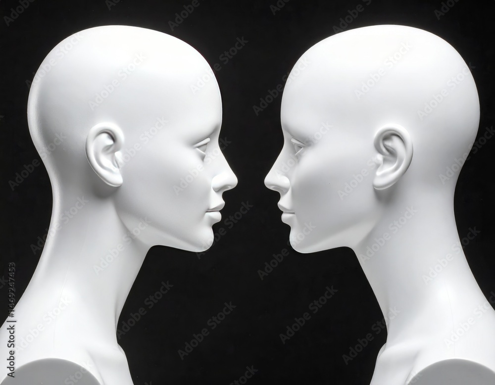 Two mannequin heads talking over black background, talking heads concept Two mannequin heads talking over black background, talking heads concept