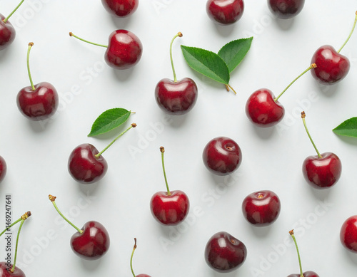 Flatlay of cherries on colorful background 