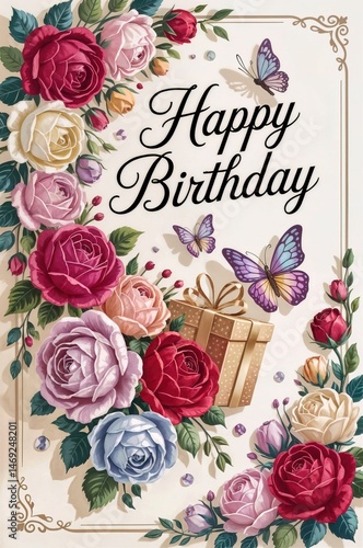 Greeting card with colourful flowers, gift and butterfly. 