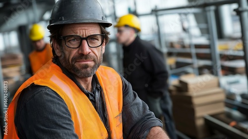 Wallpaper Mural Portrait of a serious construction worker wearing safety gear, looking directly at the camera at a busy work site, emphasizing professionalism and Torontodigital.ca