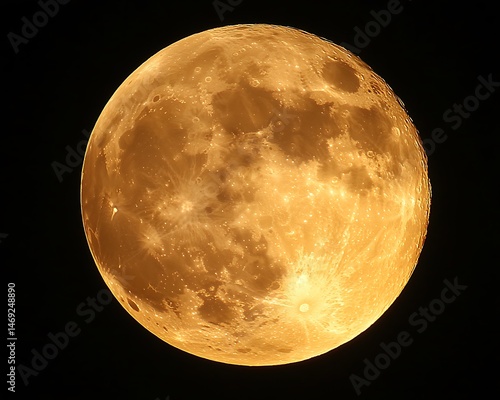 Full, golden moon shining in night sky.