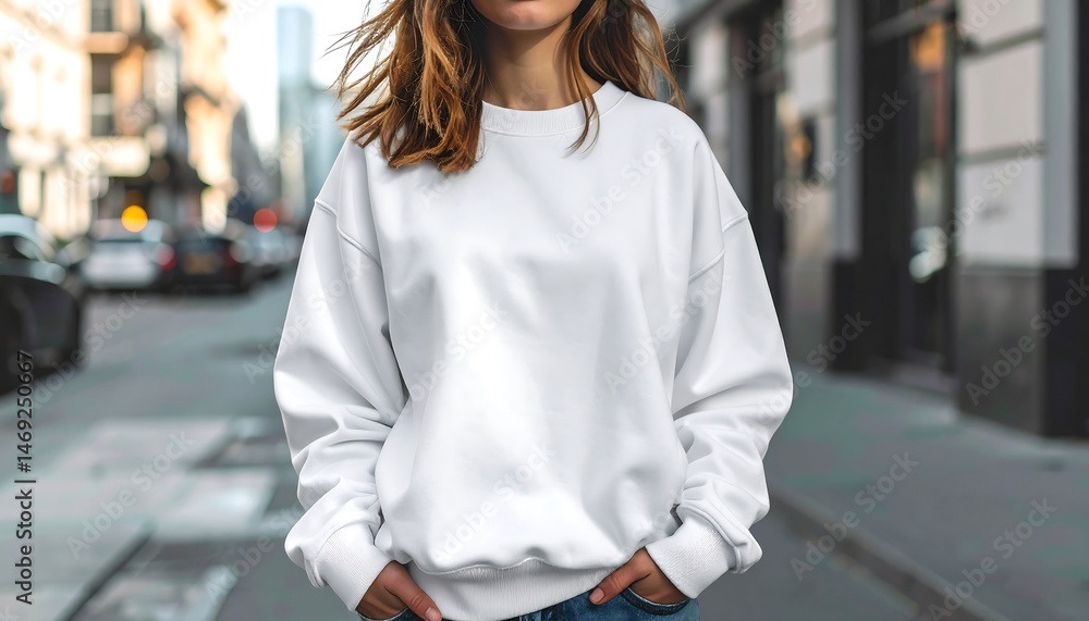Obraz premium Woman in White Sweatshirt on City Street