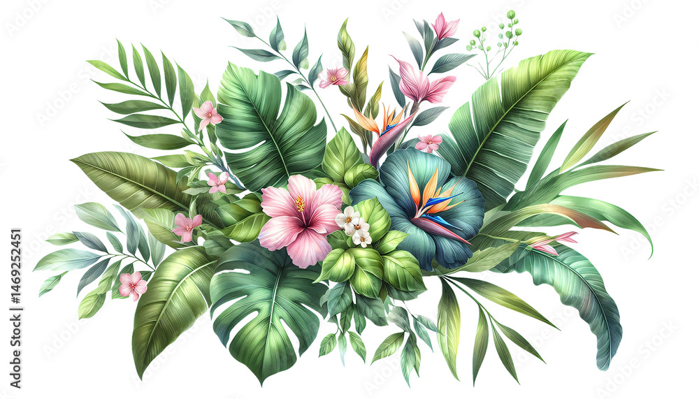 Fototapeta premium Tropical Floral Bouquet with Exotic Flowers and Lush Foliage on transparent background