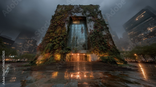 United Nations building covered in ivy and rust symbolizes institutional decay amid urban landscape