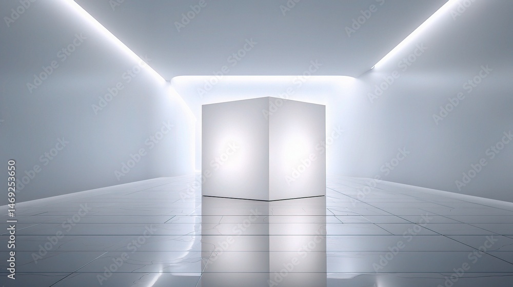 Fototapeta premium Pure White Cube Illuminated in Spotlight on Seamless White Floor