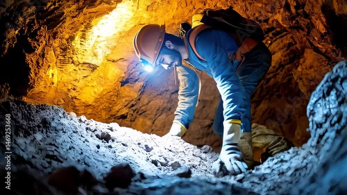 Miner explores ancient cave system while searching for precious minerals in remote location at dusk