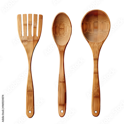 Wooden Kitchen Utensils: Three essential wooden kitchen utensils: a spatula, a spoon, and a ladle. The utensils are crafted from natural bamboo, showcasing their durability and sustainability.