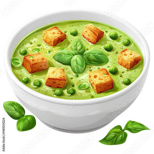 Creamy Pea Soup Delight: An artfully presented bowl of vibrant pea soup is garnished with toasted croutons and fresh basil leaves.