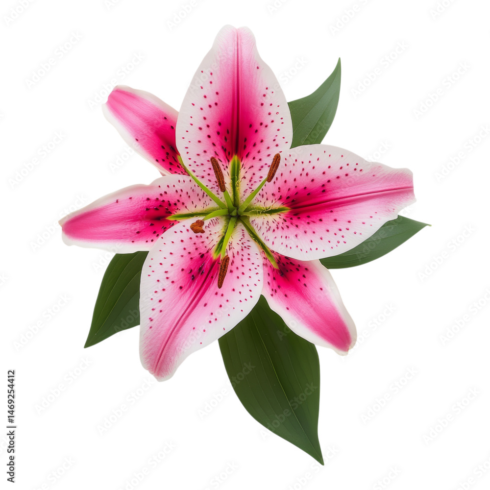 Naklejka premium Beautiful Pink Lily Blossom with Green Leaves on White Isolated on transparent background