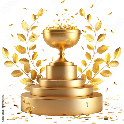 Golden Trophy of Success: A meticulously rendered golden trophy overflows with wealth and is elegantly placed upon a tiered platform, encircled by a wreath, all set against a pristine backdrop.