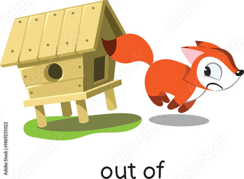 Preposition. Fox is OUT OFF the henhouse