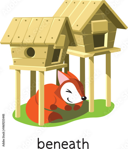 Preposition of place. Fox BENEATH the henhouse