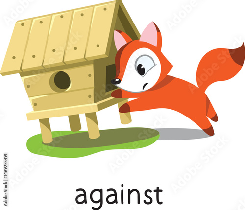 Preposition of place. Fox AGAINST the henhouse