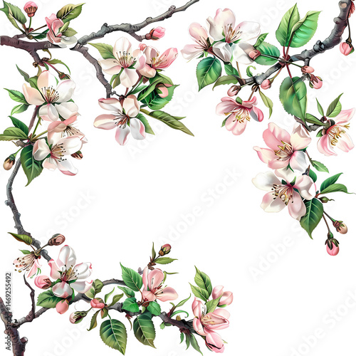 Blossom Branches: A serene close-up captures delicate watercolor artwork of apple blossoms in full bloom, with soft pastel hues enhancing the floral scene