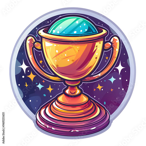 The Golden Trophy with Orb: A gleaming, stylized golden trophy cup with an iridescent orb in a cosmic setting, perfect for illustrating achievement and success.