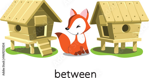 Preposition of place. Fox BETWEEN the henhouses