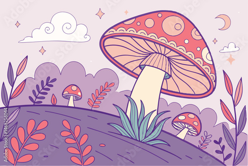 71 detailed magical mushroom, psychedelic mushroom, vibrant fantasy art, intricate patterns, colorful fungi, whimsical landscape, mystical elements, digital illustration