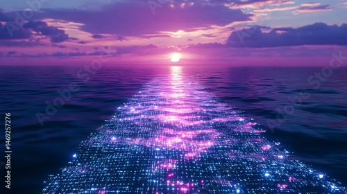 Fototapeta Naklejka Na Ścianę i Meble -  Glowing Wake with Sunset Ocean, and Digital Art.