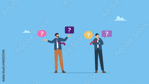 Vector illustration of puzzled business men doubting, deciding, setting priorities. Business people make choice, decision concept.