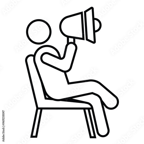 A minimalist black and white line art icon of a stick figure sitting on a chair and holding a megaphone upwards. This illustration can represent a director, leader.