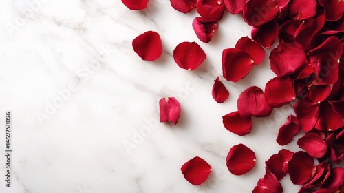 Artful Arrangement of Red Rose Petals on Clean White Marble Surface