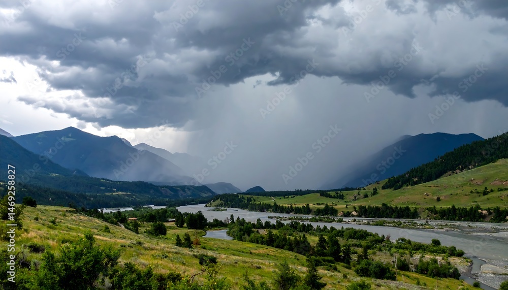 Obraz premium Dark Storm Clouds Over Lush River Valley