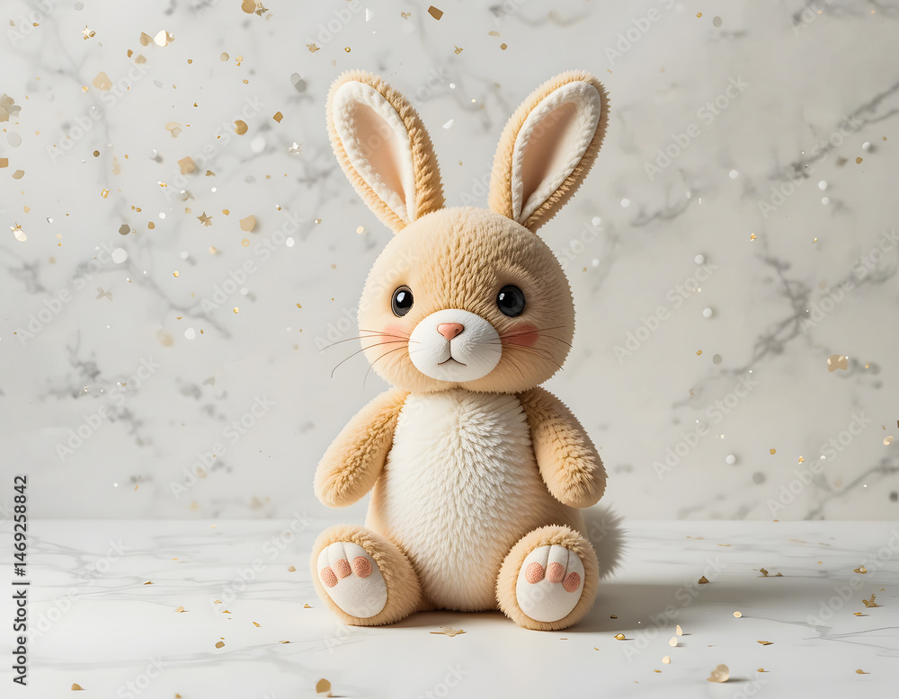 Obraz premium A cute plush tan bunny with big eyes sits amidst golden confetti on a marble surface.