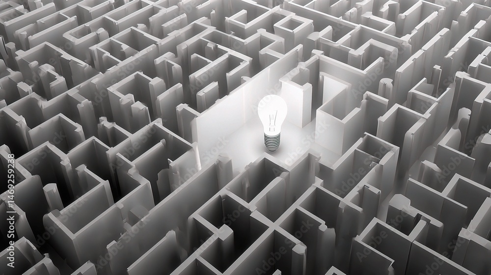 Obraz premium A Soft White Light Bulb Glows in a Maze from a Top View Perspective