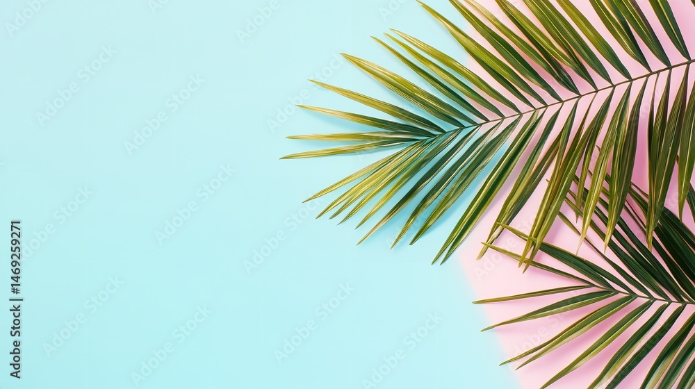 Obraz premium Palm leaf on a pastel pink and blue background