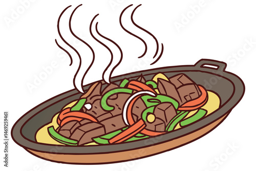 73 meat stir fry, steaming hot dish, sizzling vegetables, juicy beef, wooden serving plate, appetizing food, savory aroma, tasty meal, delicious dinner, mouth-watering presentation