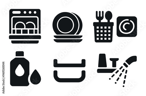 Home appliance solid icons set – filled, kitchen and dishwashing symbols
