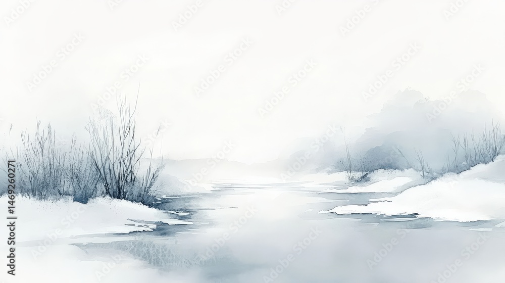 A serene winter landscape painted in soft greys and blues. A serene winter landscape painted in soft greys and blues.