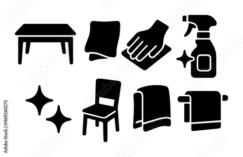Cleaning and household silhouette icons set – solid, filled, chores, home symbols