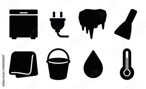 Cleaning and maintenance solid icons set – silhouette, tools and utility symbols