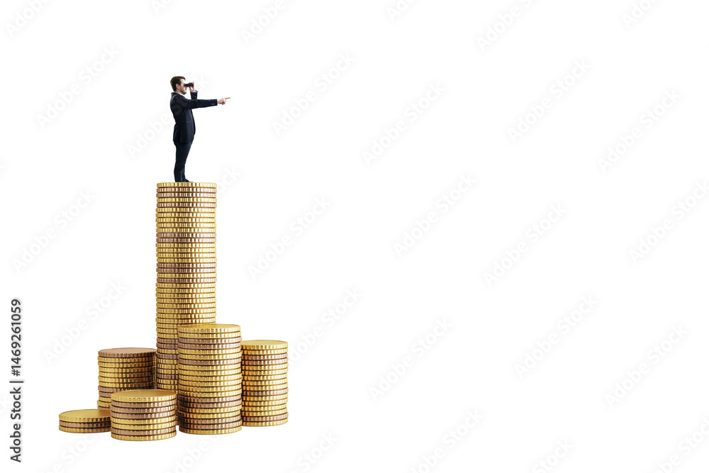 Businessman on gold coin stacks using binoculars, isolated on white background, symbolizing investment strategy, vision, and financial planning