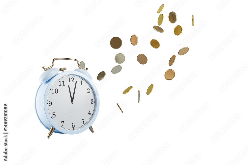Blue alarm clock with scattered flying coins, isolated on white background, clean cutout layout, symbolizing time and money. 3D Rendering