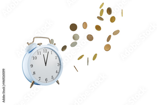 Obraz na płótnie Blue alarm clock with scattered flying coins, isolated on white background, clean cutout layout, symbolizing time and money. 3D Rendering w salonie