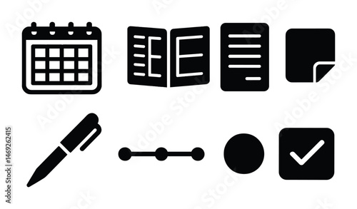 Office and productivity solid icons set – filled, business, work essentials symbols
