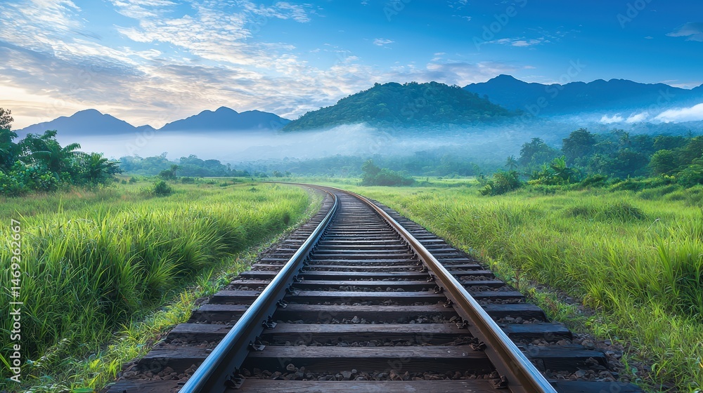 Fototapeta premium A train track stretching through lush green landscapes, representing a classic travel journey to a far destination.